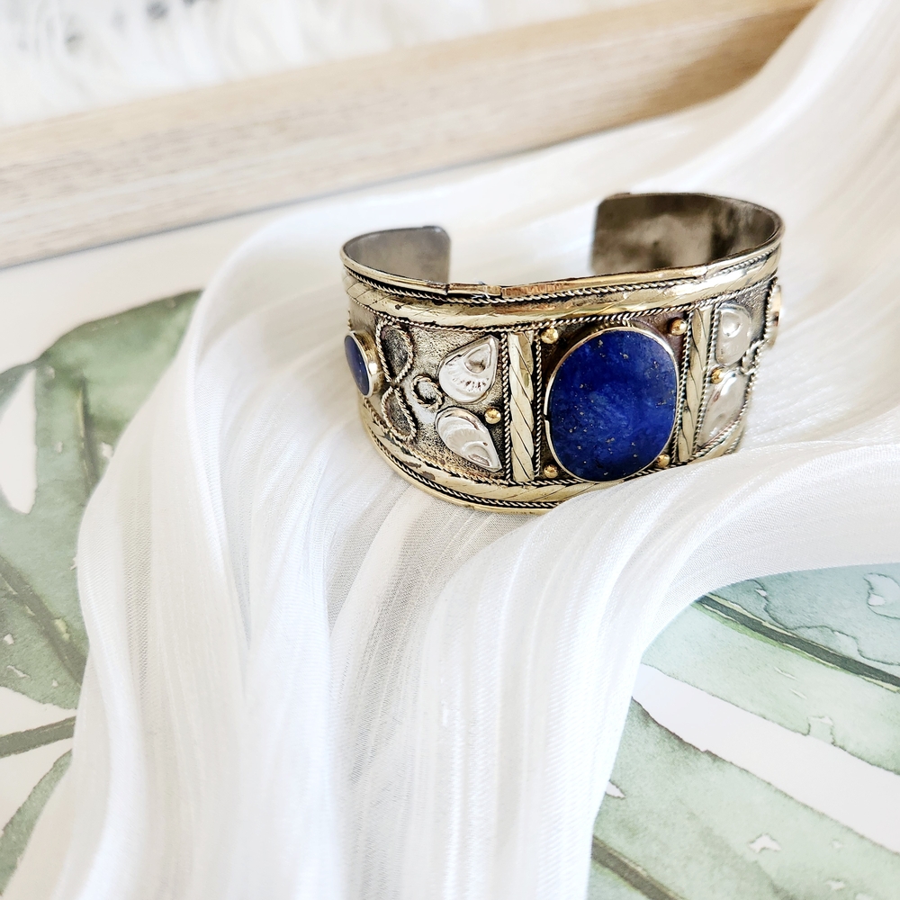 Afghan Tribal Tibetan Silver and Blue Lapis Lazuli Gemstone Cuff Bracelet
